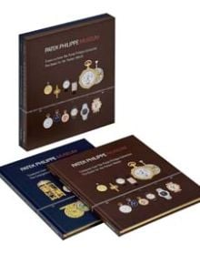 Collection of ornate Patek Philippe pocket watches, on navy cover, 'PATEK PHILIPPE MUSEUM', in white, and red font above.