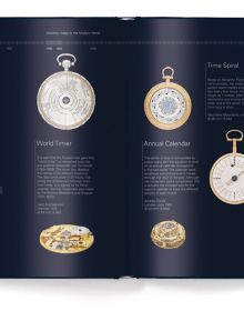 Collection of ornate Patek Philippe pocket watches, on navy cover, 'PATEK PHILIPPE MUSEUM', in white, and red font above.