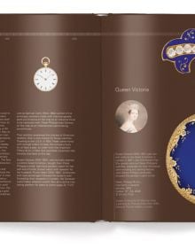 Collection of ornate Patek Philippe pocket watches, on navy cover, 'PATEK PHILIPPE MUSEUM', in white, and red font above.