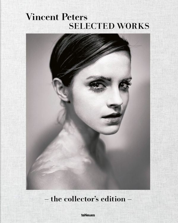 Book cover of Vincent Peters: Selected Works, featuring a black and white head and shoulders portrait of actress Emma Watson with face covered in white. Published by teNeues Books.