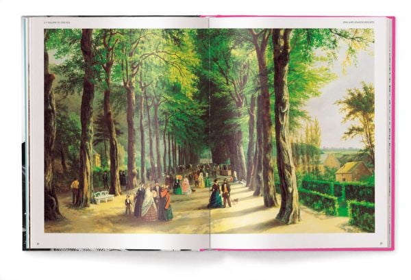 Book cover of Nostalgic Journeys: From the Orient Express to Ocean Liners, featuring actress Marlene Dietrich sitting atop a pile of suitcases. Published by teNeues Books.