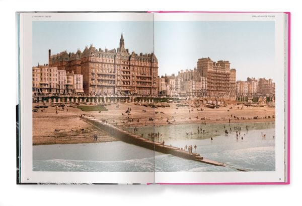 Book cover of Nostalgic Journeys: From the Orient Express to Ocean Liners, featuring actress Marlene Dietrich sitting atop a pile of suitcases. Published by teNeues Books.