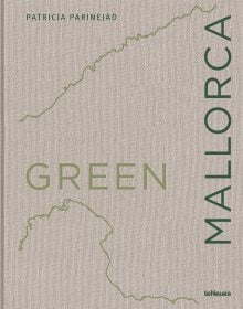 GREEN MALLORCA in lime and dark green font on beige linen cover, green coastal lines above and below.