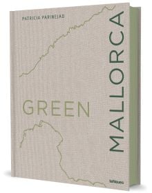 GREEN MALLORCA in lime and dark green font on beige linen cover, green coastal lines above and below.