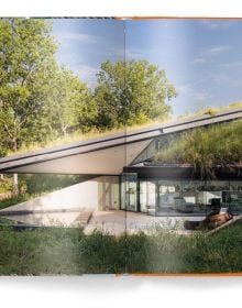 Ground perspective of 3 wood buildings with trees spurting out top, LIVING ROOFS in orange font near centre