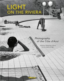 Figure sunbathing in hammock, 2 figures on white tiled floor, Light on the Riviera in yellow font to upper left.