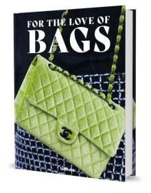 Book cover of For the Love of Bags, featuring a lime green quilted velvet Chanel handbag. Published by teNeues Books.