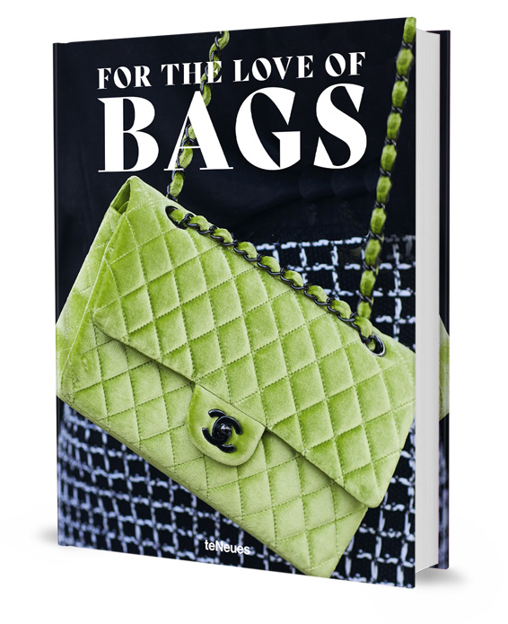 Book cover of For the Love of Bags, featuring a lime green quilted velvet Chanel handbag. Published by teNeues Books.