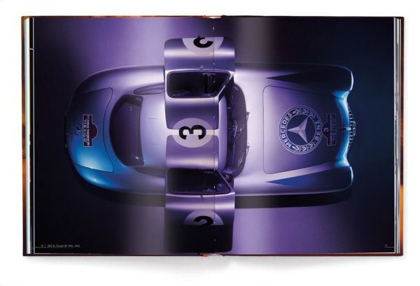 Postcard box cover of Mercedes-Benz 300 SL: Art Cards, featuring a Mercedes Benz 300L two seater sports car, with drivers gull wing doors open. Published by teNeues Books.