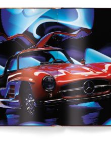 Postcard box cover of Mercedes-Benz 300 SL: Art Cards, featuring a Mercedes Benz 300L two seater sports car, with drivers gull wing doors open. Published by teNeues Books.