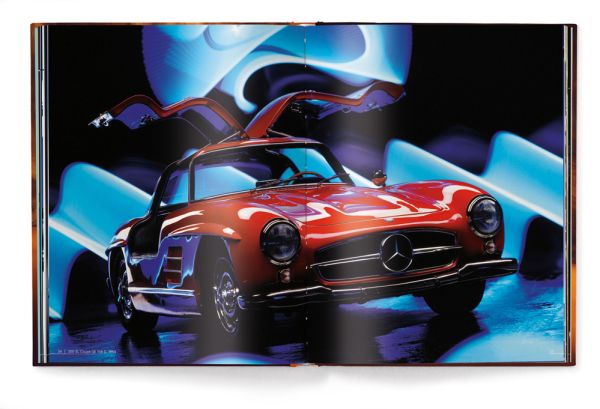 Postcard box cover of Mercedes-Benz 300 SL: Art Cards, featuring a Mercedes Benz 300L two seater sports car, with drivers gull wing doors open. Published by teNeues Books.