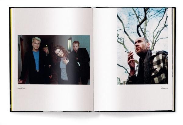 Book cover of Nineties Spirit: Music Caught on Camera, featuring Kurt Cobain playing guitar and singing on stage. Published by teNeues Books.