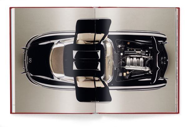 Book cover of IconiCars Mercedes-Benz 300 SL, featuring the front of red Mercedes-Benz 300 SL with open gullwing doors. Published by teNeues Books.