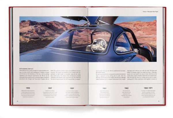 Book cover of IconiCars Mercedes-Benz 300 SL, featuring the front of red Mercedes-Benz 300 SL with open gullwing doors. Published by teNeues Books.