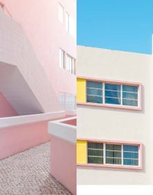 Exterior space, corner of swimming pool with cream deck chair, orange wall with clock, Minimalism in Photography in white font to upper left.