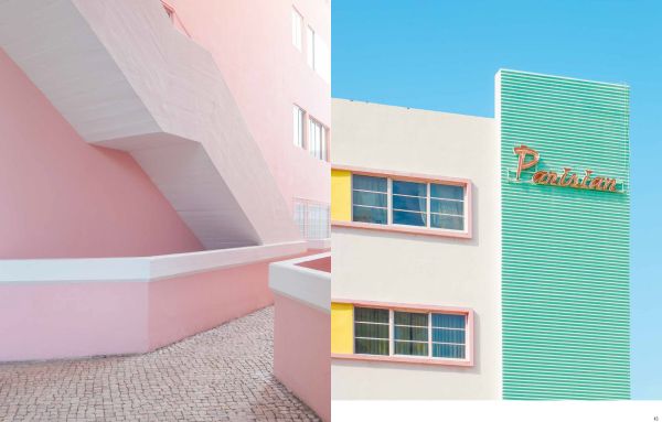 Book cover of Minimalism in Photography: The Original, with a corner of outside swimming pool, with cream deck chair, and a clock on orange wall behind. Published by teNeues Books.