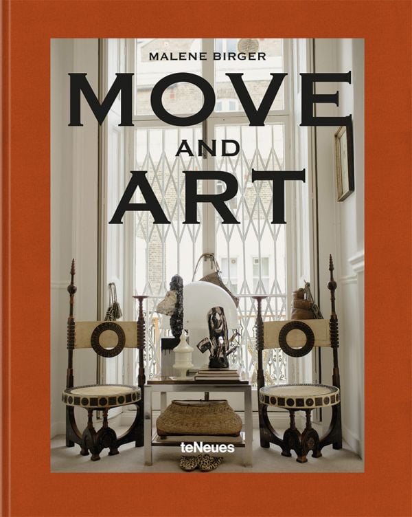 Book cover of Move and Art, featuring an interior space with large window, and tribal style chairs. Published by teNeues Books.