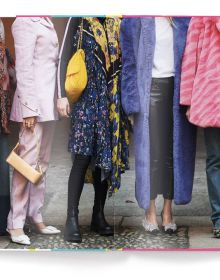 Fashion model in 60s shift dress, yellow tights and pink platform shoes, DÉJÀ VU STYLE, in black font on blue left banner.