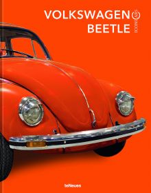 Book cover of IconiCars Volkswagen Beetle, featuring the front end of an orange Volkswagen Beetle. Published by teNeues Books.