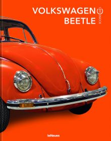 Front end of orange Volkswagen Beetle, on orange cover, ICONICARS VOLKSWAGEN BEETLE, in white font above.