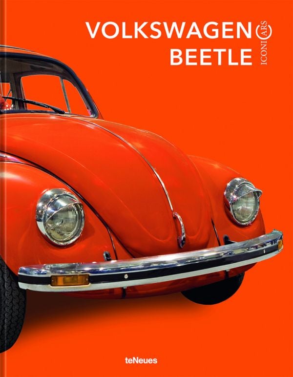 Book cover of IconiCars Volkswagen Beetle, featuring the front end of an orange Volkswagen Beetle. Published by teNeues Books.