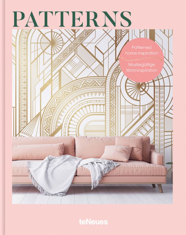 Book cover of Patterns: Patterned Home Inspiration, with white and gold patterned wallpaper, with pale pink sofa below. Published by teNeues Books.