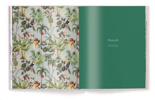 Book cover of Patterns: Patterned Home Inspiration, with white and gold patterned wallpaper, with pale pink sofa below. Published by teNeues Books.