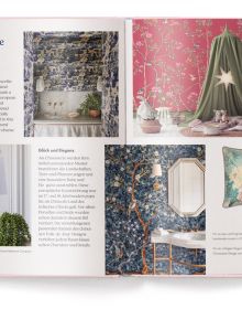 Book cover of Patterns: Patterned Home Inspiration, with white and gold patterned wallpaper, with pale pink sofa below. Published by teNeues Books.