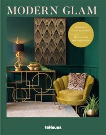Gold and green Art Deco style interior with olive green velvet scallop chair, MODERN GLAM, in pink font above.