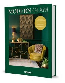 Book cover of Modern Glam: Glamorous Home Inspiration, with a gold and green Art Deco style interior with green velvet scallop chair. Published by teNeues Books.