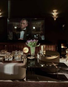 Luxurious interior with long dining table, art deco velvet chairs, chandelier above, THÁI CÔNG A PASSION FOR AESTHETICS, in gold font to top and bottom edge of black cover.