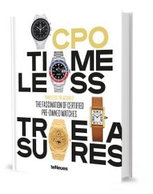 Book cover of Timeless Treasures, with four watch models, including a silver OMEGA Speedmaster. Published by teNeues Books.