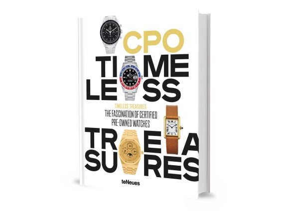 Book cover of Timeless Treasures, with four watch models, including a silver OMEGA Speedmaster. Published by teNeues Books.
