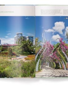 Residential high rises with green plants and trees on balconies, on cover of 'Urban Oasis', by teNeues Verlag.