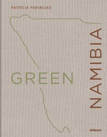 Book cover of Green Namibia, with outline of Namibian coastline. Published by teNeues Books.