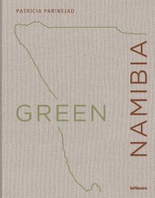 Green outline of Namibian coastline, on beige linen cover of 'Green Namibia', by teNeues Books.