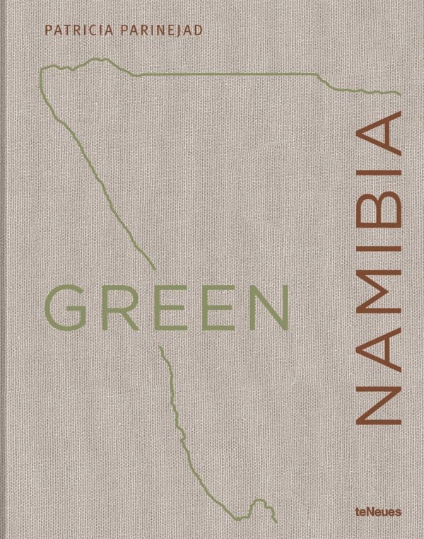 Book cover of Green Namibia, with outline of Namibian coastline. Published by teNeues Books.
