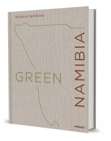 Book cover of Green Namibia, with outline of Namibian coastline. Published by teNeues Books.