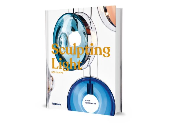 Book cover of Sculpting Light, featuring a light fixing made of blue glass. Published teNeues Books.