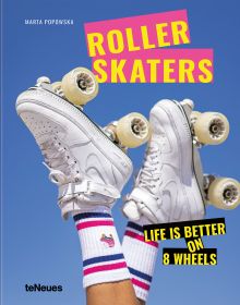 Feet of skater in air wearing custom White Nike Air Force 1 Roller Skates, on cover of 'Rollerskaters, Life is Better on 8 Wheels', by teNeues Books.