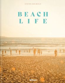 Beach landscape with people in the water, under a hazy sun, on cover of 'Beachlife', by teNeues Books.