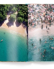 Beach landscape with people in the water, under a hazy sun, on cover of 'Beachlife', by teNeues Books.