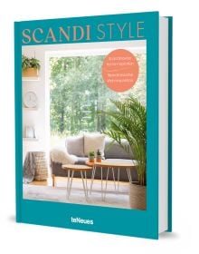 Book cover of Scandi Style, Scandinavian Home Inspiration, with a calm interior with white and grey furnishings, coffee-table, and forest outside. Published by teNeues.