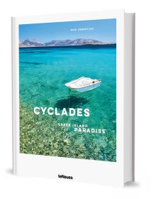 Book cover of Cyclades, featuring bright blue and green sea, with a small white boat floating near the shore. Published by teNeues Books.