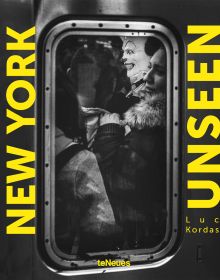 Book cover of New York Unseen, with the view of a window of packed commuter train, with passenger wearing clown mask. Published by teNeues Books.