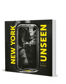 Book cover of New York Unseen, with the view of a window of packed commuter train, with passenger wearing clown mask. Published by teNeues Books.