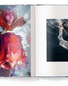 Three white female models in long floaty dresses photographed underwater, on cover of 'Barbara Cole, Between Worlds', by teNeues Books.