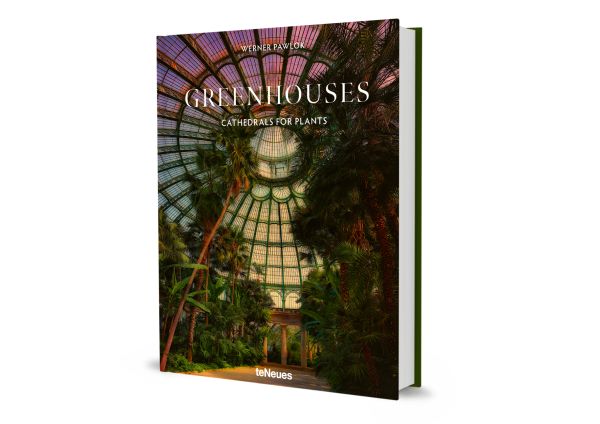 Book cover of Greenhouses, with the interior of Royal Garden, Brussels II, greenhouse, featuring exotic palms. Published by teNeues Books.