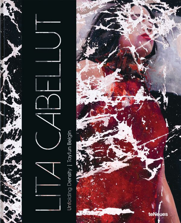 Book cover of Lita Cabellut, Unfolding Density, with a painting of female in red dress, lying on bed. Published by teNeues Books.