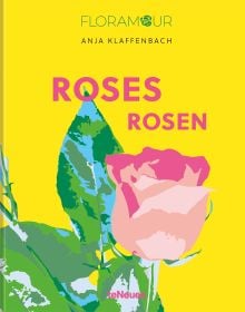 Two light pink roses on green stems, on yellow cover of 'Roses' by teNeues Books.